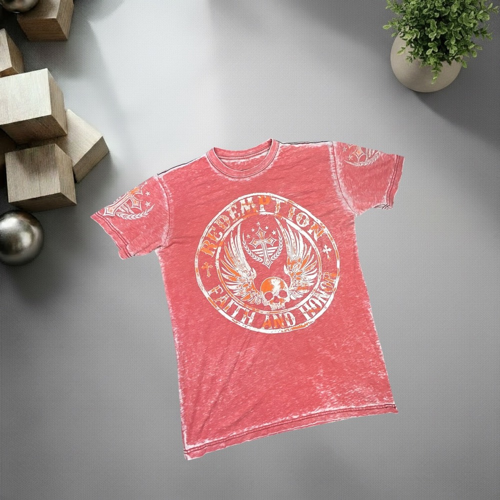Raw State Premium Men Medium Red Acid Wash Skull Graphic TShirt Y2K Biker Grunge